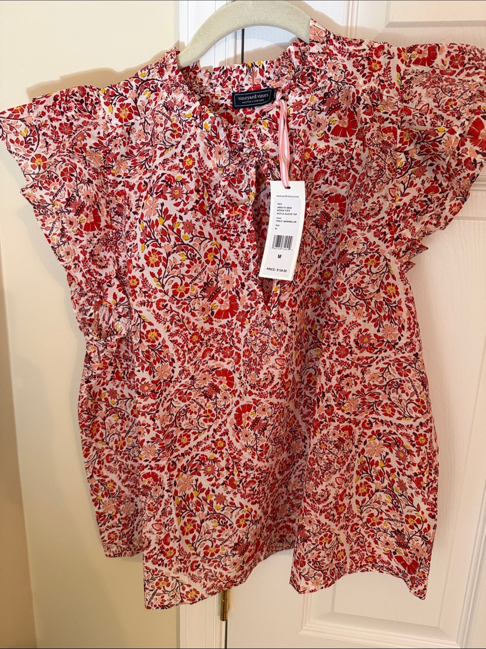 🌸NWT Vineyard Vines Pink and Red Floral Ruffle-Sleeve Blouse